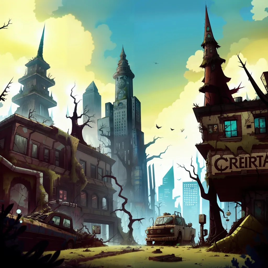 The image is a post-apocalyptic city. The once-thriving metropolis is now a shadow of its former self, with towering skyscrapers and buildings now abandoned and in ruins. Nature has begun to reclaim the city, with trees and plants growing wild in the streets and buildings. The few remaining humans are left to fend for themselves in this harsh and unforgiving environment.

In the foreground of the image, a lone car drives down a deserted street. The car is old and battered, and it looks like it has seen better days. The driver is a young man, and he looks tired and weary. He is clearly trying to find a way out of the city, but it seems like there is no hope.

The image is full of details that help to create a sense of atmosphere. The sky is dark and gloomy, and the clouds are thick and heavy. The buildings are all in various states of disrepair, and the streets are littered with debris. The only sound is the wind blowing through the trees.

The image is a powerful reminder of the fragility of human civilization. It is a warning that if we do not take care of our planet, we could end up living in a world that is very similar to the one depicted in the image.