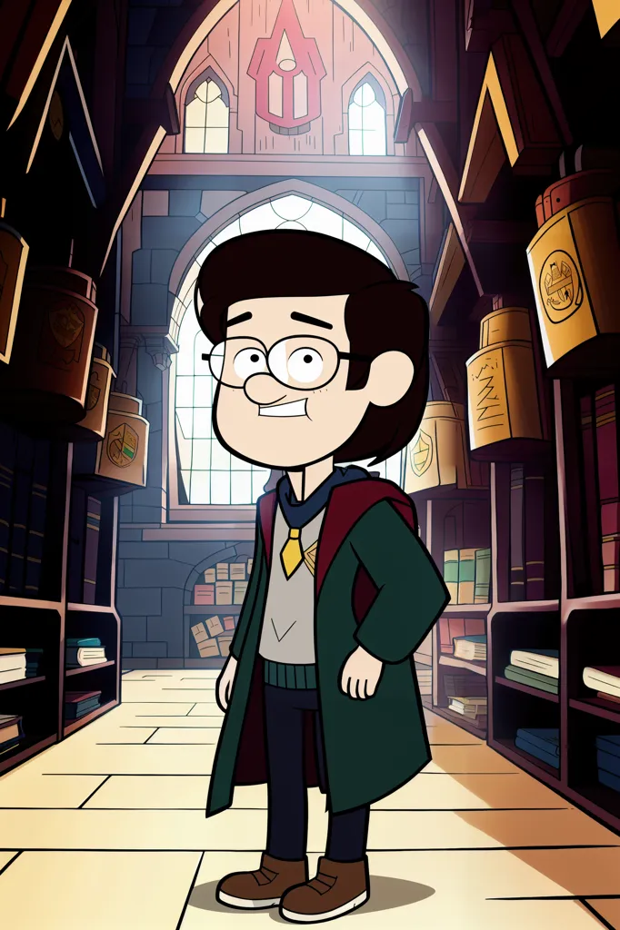 Bu, Gravity Falls TV dizisinden Dipper Pines'ın bir resmidir. Hogwarts üniforması giyiyor. Etrafında kitaplıklar olan bir kütüphanede duruyor. Arka planda büyük bir pencere var. Gülümsüyor.