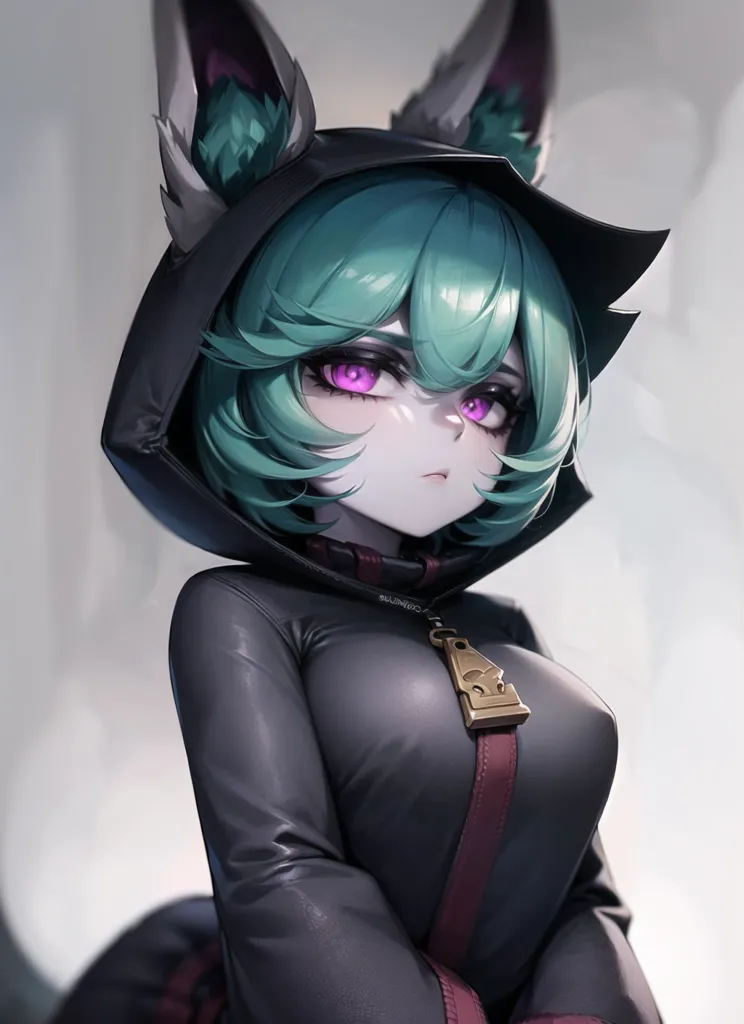 The image is a digital painting of a young woman with green hair and purple eyes. She is wearing a black hoodie with a white collar and a gold necklace with a key-shaped pendant. The hood is pulled back to reveal her face, which is framed by two large, fluffy ears. The woman has a soft, gentle expression on her face, and she seems to be looking at the viewer with curiosity. The background is a simple gradient of light gray, which helps to make the woman stand out. The image is drawn in a semi-realistic style, and the artist has used a variety of techniques to create a sense of depth and realism. The overall effect is one of beauty and mystery.