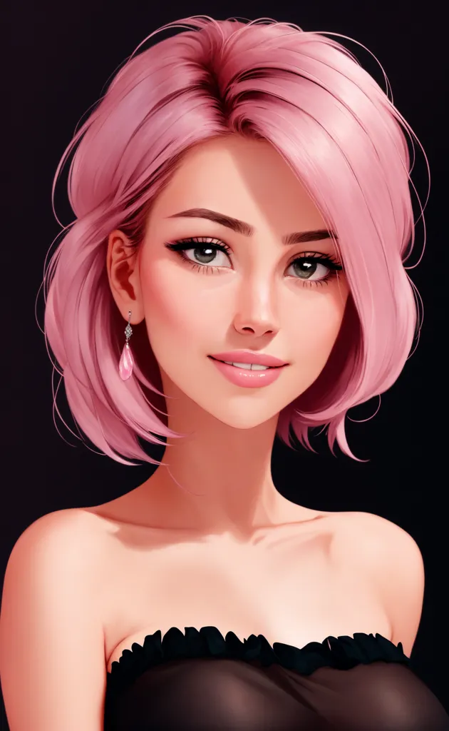 The image shows a young woman with pink hair. She is wearing a black strapless dress. The background is dark. The woman is looking at the viewer with a slight smile on her face. She has brown eyes and long, dark eyelashes. Her hair is styled in a short, bobbed cut with bangs. She is wearing a pair of earrings. The image is drawn in a realistic style and the colors are vibrant and saturated.