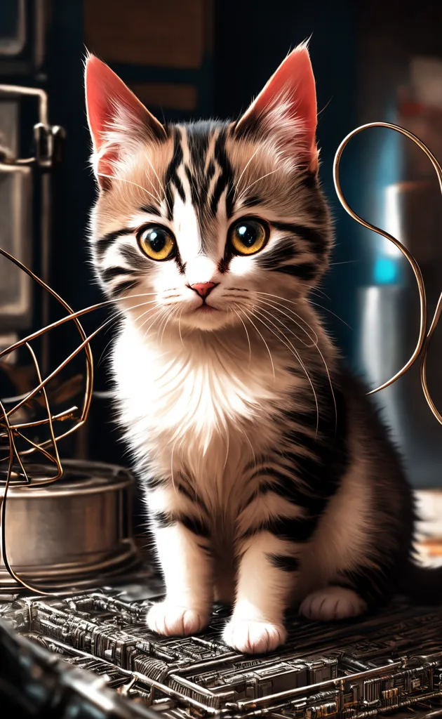 The image shows a cute kitten with wide yellow eyes and a pink nose. Its fur is white with some gray patches with black stripes. The kitten is sitting on a pile of scrap metal and looking at the camera. In the background, there is a large metal fan.