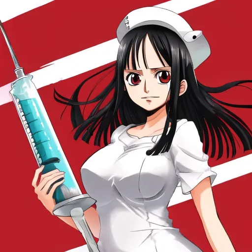 The image contains a young woman with long black hair and red eyes. She is wearing a white nurse's hat and a white dress with a red cross on the chest. She is holding a large syringe with a blue liquid in it. The background is red with white stripes.