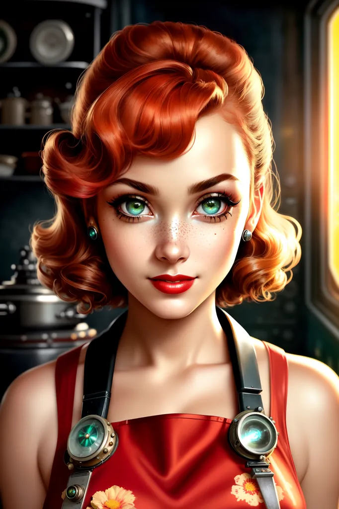 The picture shows a young woman with an innocent and pure smile on her face. She has bright red hair that is styled in a vintage way, green eyes, and light freckles on her face. She is wearing a red apron with yellow flowers on it. The background is blurry, but it looks like there are shelves and a counter behind her.