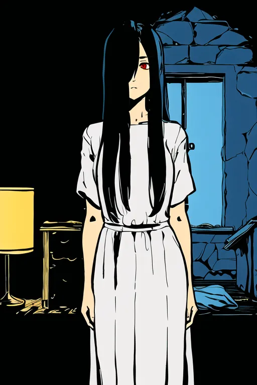 The image is of a young woman with long black hair and red eyes. She is wearing a white dress and is standing in a dark room. There is a yellow lamp on the left side of the image and a blue door on the right side. The woman's expression is sad and she appears to be in distress.