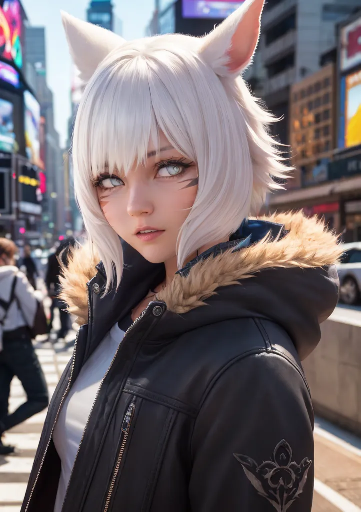 The image shows a young woman with white hair and cat ears. She is wearing a black leather jacket with a white shirt underneath. She has a thoughtful expression on her face and is looking to the left of the frame. The background is blurred and shows a busy street with people walking by.