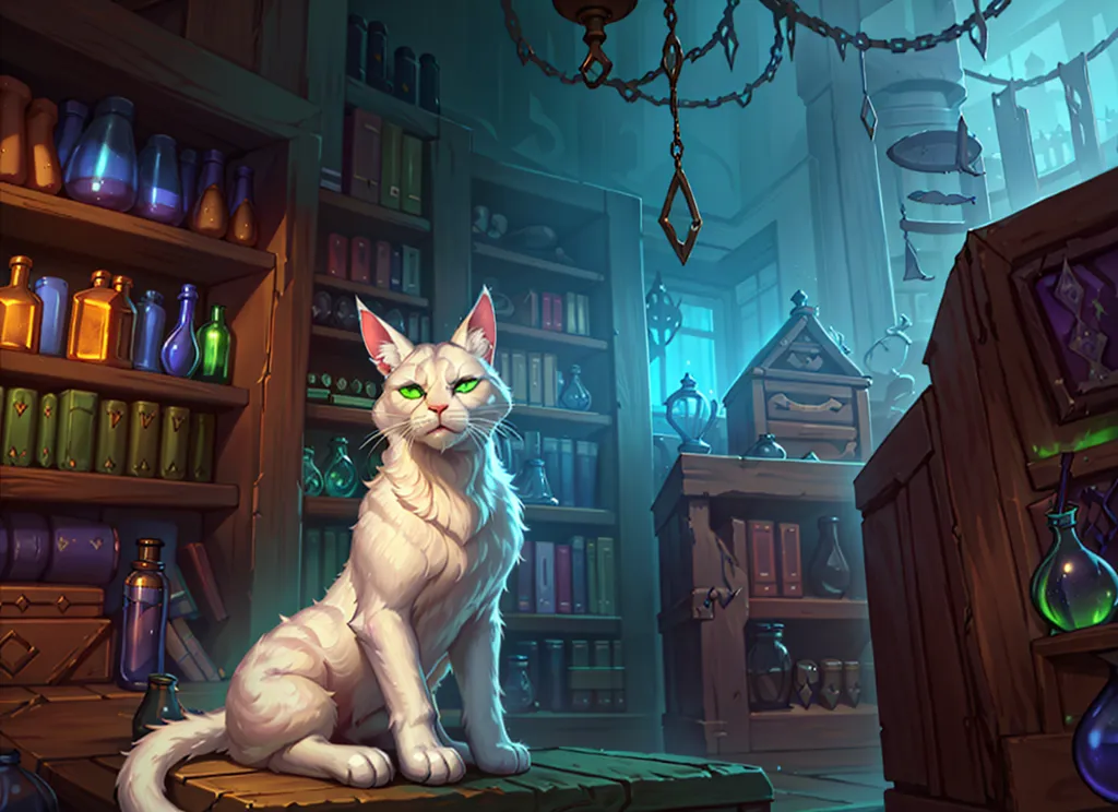 The image is of a white cat sitting on a wooden table in a library. The cat has green eyes and is looking at the viewer. There are shelves of books behind the cat, and various potions and magical items on the shelves. The library is lit by a single candle.