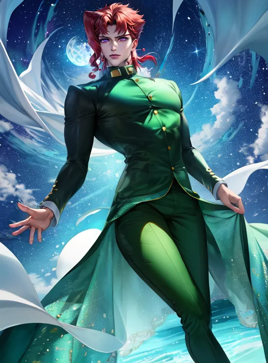 The image shows a man with red hair and green eyes. He is wearing a green suit and a white cape. He is standing on a beach, with the ocean behind him. The sky is blue and there are clouds in the background. The man has a confident expression on his face and is looking at the viewer.