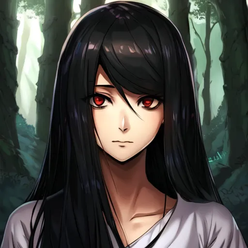 The image shows a young woman with long black hair and red eyes. She is wearing a white shirt and is standing in a forest. The trees are tall and the branches are thick. The woman's expression is serious.