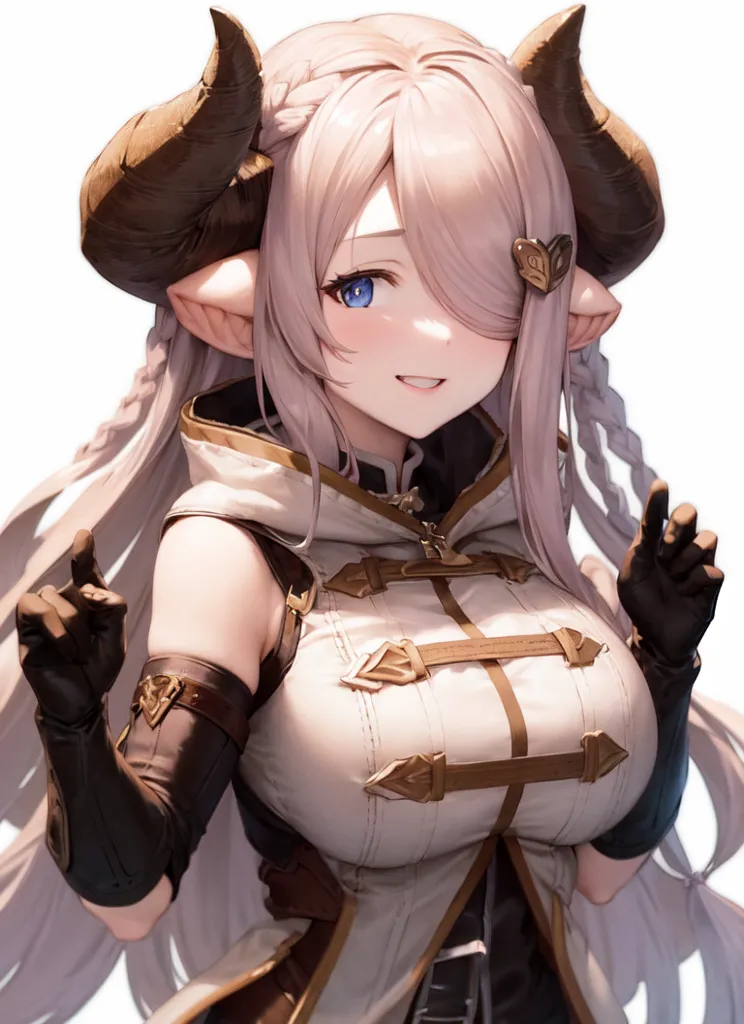 The image shows a young woman with long white hair and blue eyes. She has brown horns on her head and is wearing a white and brown outfit. She has a friendly smile on her face and is gesturing with her hands.