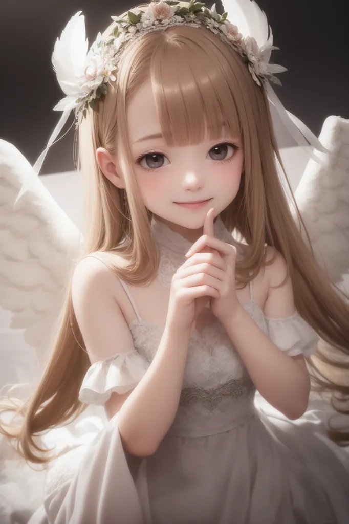 The image is of a young girl with long, wavy blonde hair. She is wearing a white dress with a sweetheart neckline and a tulle skirt. She has a wreath of flowers on her head and is holding a finger to her lips in a shushing gesture. Her eyes are wide and her expression is one of innocence and curiosity. She has a pair of white feathered wings.