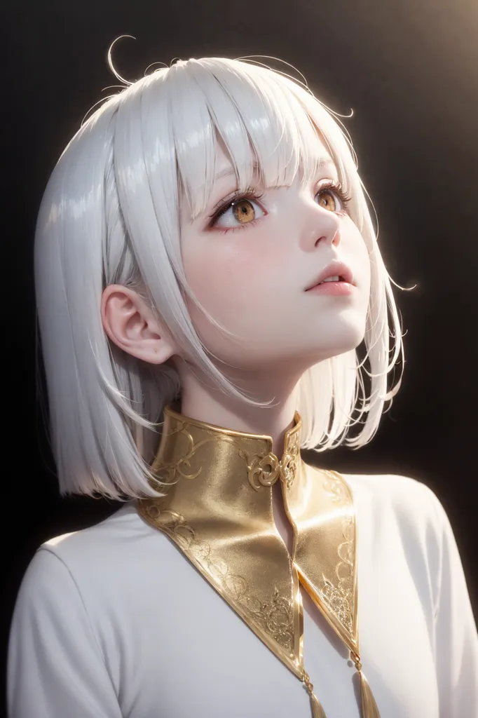 The image is a portrait of a young woman with short white hair and golden eyes. She is wearing a white dress with a golden collar. The background is dark. The woman's expression is one of wonder and awe. She seems to be looking up at something or someone with great admiration. The image is very detailed and realistic. The woman's skin is smooth and flawless, and her hair is soft and silky. The golden collar is intricate and beautiful. The image is a perfect example of the artist's skill.