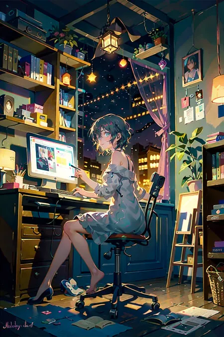 A young woman is sitting in a chair in her bedroom. She is wearing a nightgown and is barefoot. The room is decorated with bookshelves, plants, and fairy lights. The woman is working on a computer. There is a window next to her desk, and a cityscape is visible outside. The night sky is dark and starry.