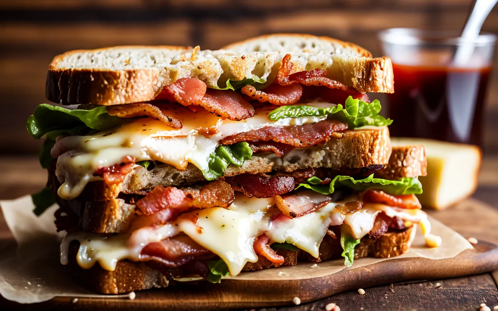 Ini adalah gambar sandwich bacon. Sandwich ini terbuat dari dua lembar roti, bacon, selada, tomat, dan keju. Rotinya dipanggang dan kejunya meleleh. Sandwich ini dipotong menjadi dua bagian dan disajikan di atas talenan kayu. Ada gelas kecap di sampingnya. Latar belakangnya adalah meja kayu.