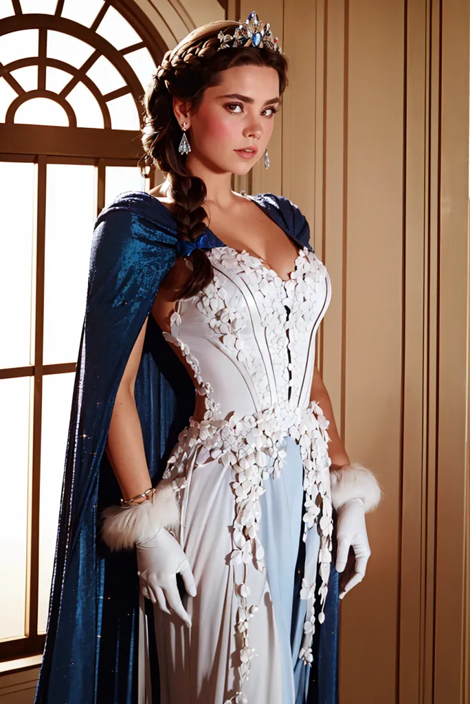 The photo shows a young woman wearing an elaborate white and silver dress with a long blue cape. The dress has a sweetheart neckline and is covered in intricate floral appliques. The woman's hair is styled in a loose braid and she is wearing a tiara. She is also wearing white gloves and a fur stole. The woman is standing in front of a window and there is a hint of a smile on her face.