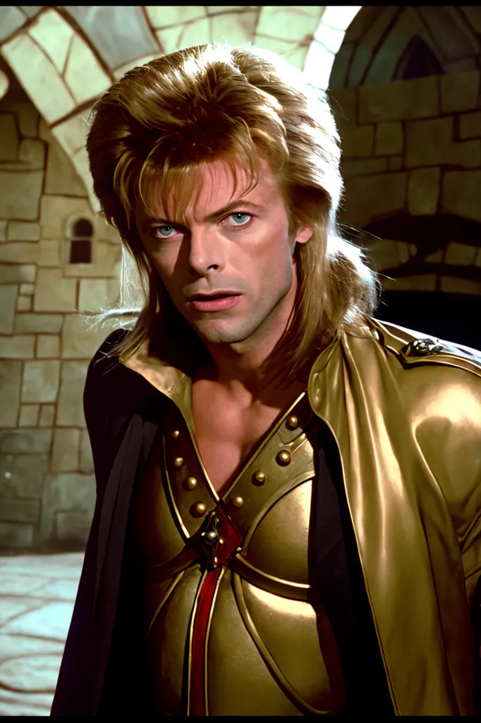 A imagem mostra David Bowie no filme "Labyrinth". Ele está usando um traje de cor dourada com uma faixa vermelha e uma capa preta. Ele tem um penteado de mullet e seus olhos são azuis. Ele está em pé em uma sala de pedra com uma parede de tijolos atrás dele.