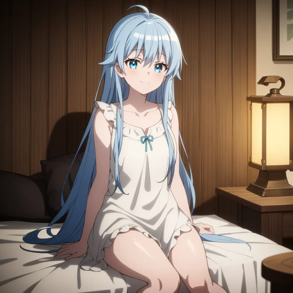 The image is of a young woman with long blue hair and blue eyes. She is wearing a white nightgown with a blue ribbon at the chest. She is sitting on a bed in a room with wooden walls and a lantern on a table. The woman has a happy expression on her face and is looking at the viewer.