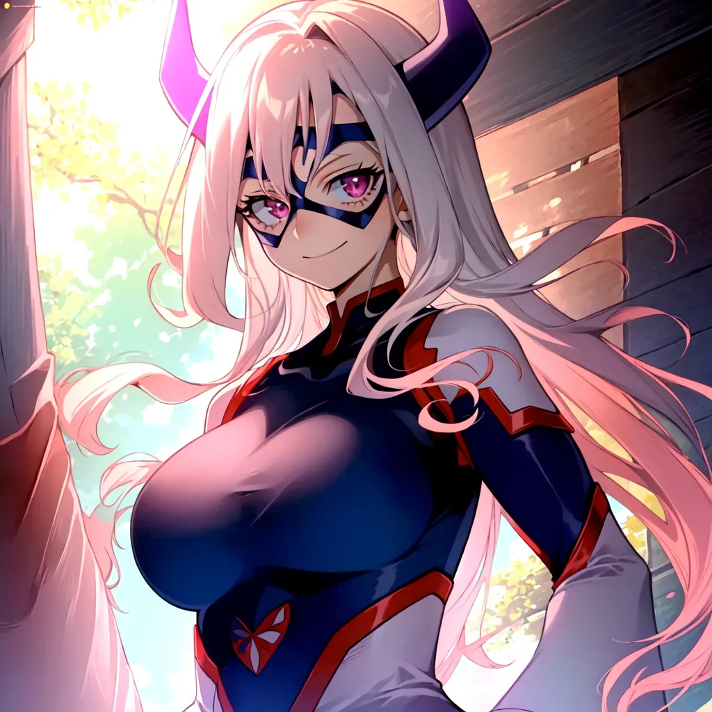 The image is of a young woman with long white hair and purple eyes. She is wearing a purple and blue bodysuit with a butterfly-shaped symbol on her chest. She has a confident smile on her face and is looking at the viewer. The background is a blur of green and yellow.