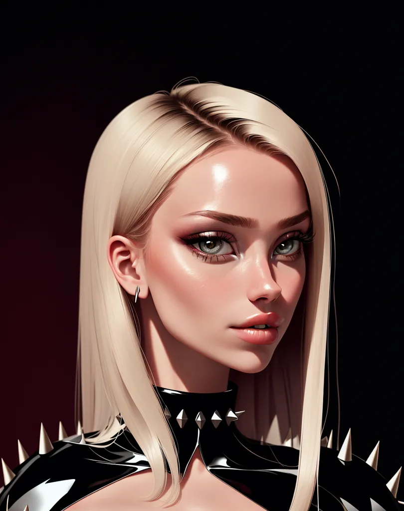 The image is a portrait of a young woman. She has long, straight blonde hair, and her eyes are a light grey color. She is wearing a black choker with silver spikes, and her lips are slightly parted. Her skin is flawless and her facial features are very symmetrical. She is wearing a black bodysuit that has a sweetheart neckline. The background of the image is dark red.