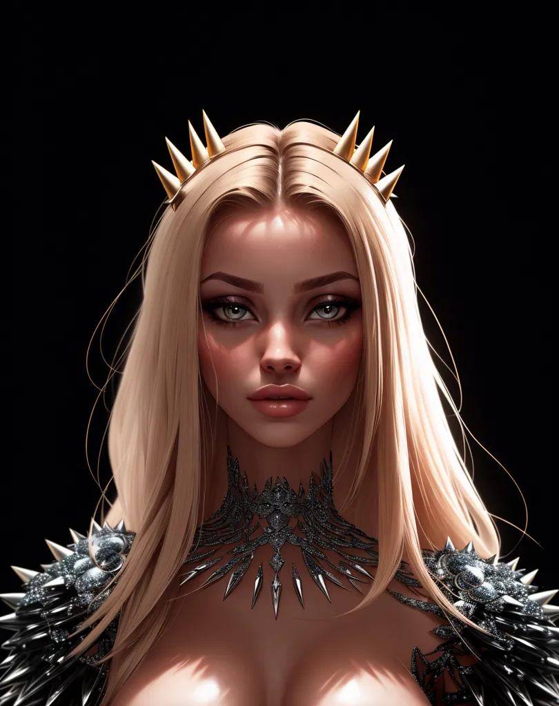 The image is a portrait of a beautiful woman with long, flowing blonde hair. She is wearing a crown of gold and silver and a necklace of silver with spikes. The woman's eyes are a light green color, and her lips are slightly parted. She is wearing a dark-colored dress that is off of her shoulders. The background of the image is black.