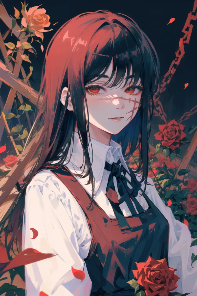 This image shows a young woman with long black hair and red eyes. She is wearing a white shirt and a red vest. There is a rose bush with red roses behind her. She has a scar on her face. She is standing in front of a dark background.