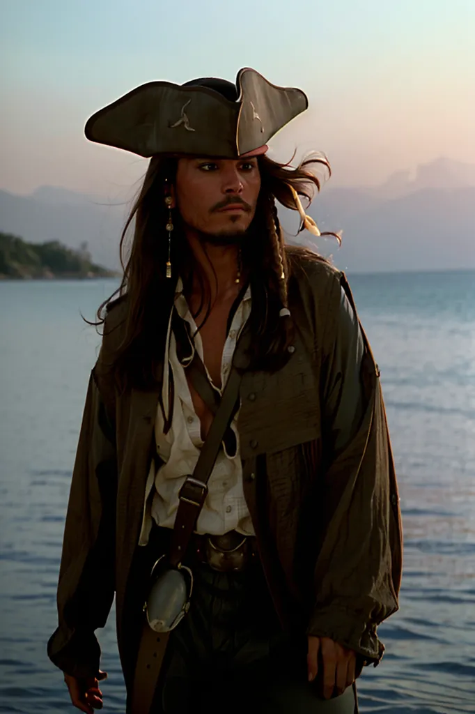 Esta es una imagen de Johnny Depp como el Capitán Jack Sparrow de la serie de películas Piratas del Caribe. Está de pie en una playa, mirando hacia el océano. Lleva su característico sombrero de tres picos, una chaqueta de cuero marrón y una camisa blanca. Tiene una espada colgando de su cinturón y una pistola metida en su cintura. Su cabello es largo y negro, y tiene barba y bigote. Está de pie con los pies a la altura de los hombros, con las manos apoyadas en las caderas. Tiene una expresión confiada en su rostro y parece estar listo para cualquier cosa.