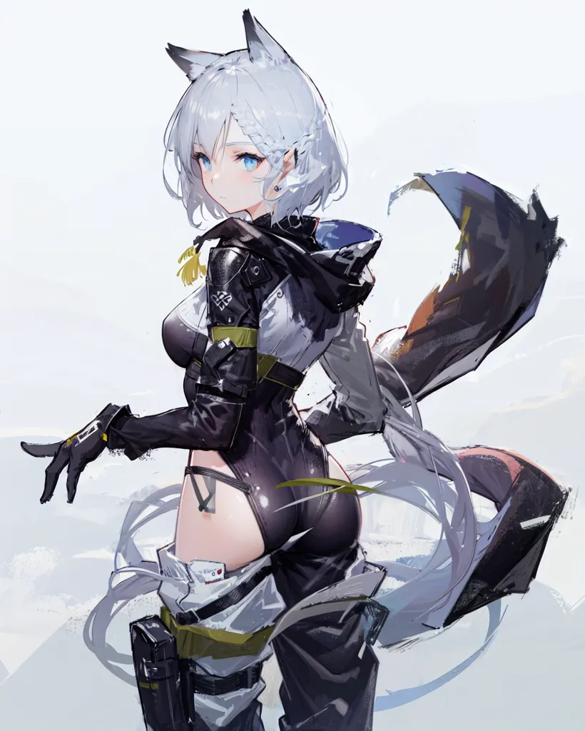 The image is of a beautiful anime girl with white hair and blue eyes. She is wearing a black and white bodysuit with a revealing top and shorts. The bodysuit has yellow and green accents. She also has a pair of black gloves and boots. She has a fluffy white wolf tail and fox ears. She is standing in a confident pose with her right hand on her hip and her left hand pointing forward. She has a serious expression on her face. The background is a white void with a few clouds.