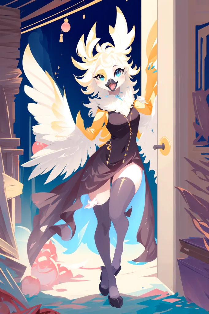 The image is of a beautiful anthropomorphic owl with long white and yellow feathers. She is wearing a black dress with a yellow corset and black stockings. She is standing in a doorway, and she has a surprised expression on her face. The background is a blur of blue and purple, and there are some objects on the floor near her.