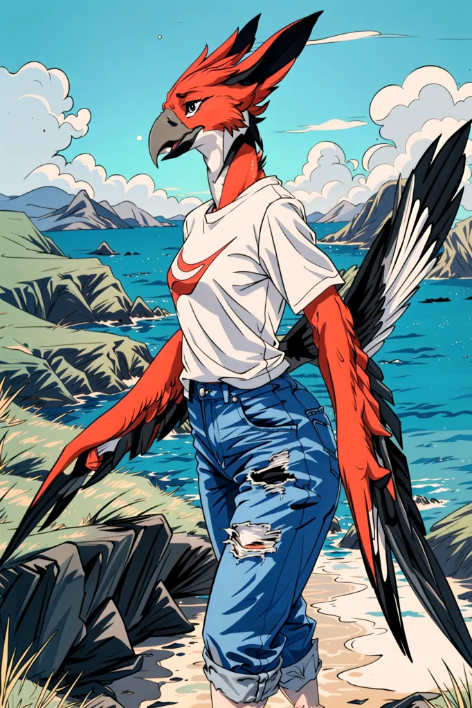 The image is of a red and black feathered harpy with the face of a woman. She is standing on a cliff overlooking the ocean. She is wearing a white Nike t-shirt and blue jeans. The harpy is looking out at the view with her arms at her sides. The background is a blue sky with white clouds and a mountain range in the distance.