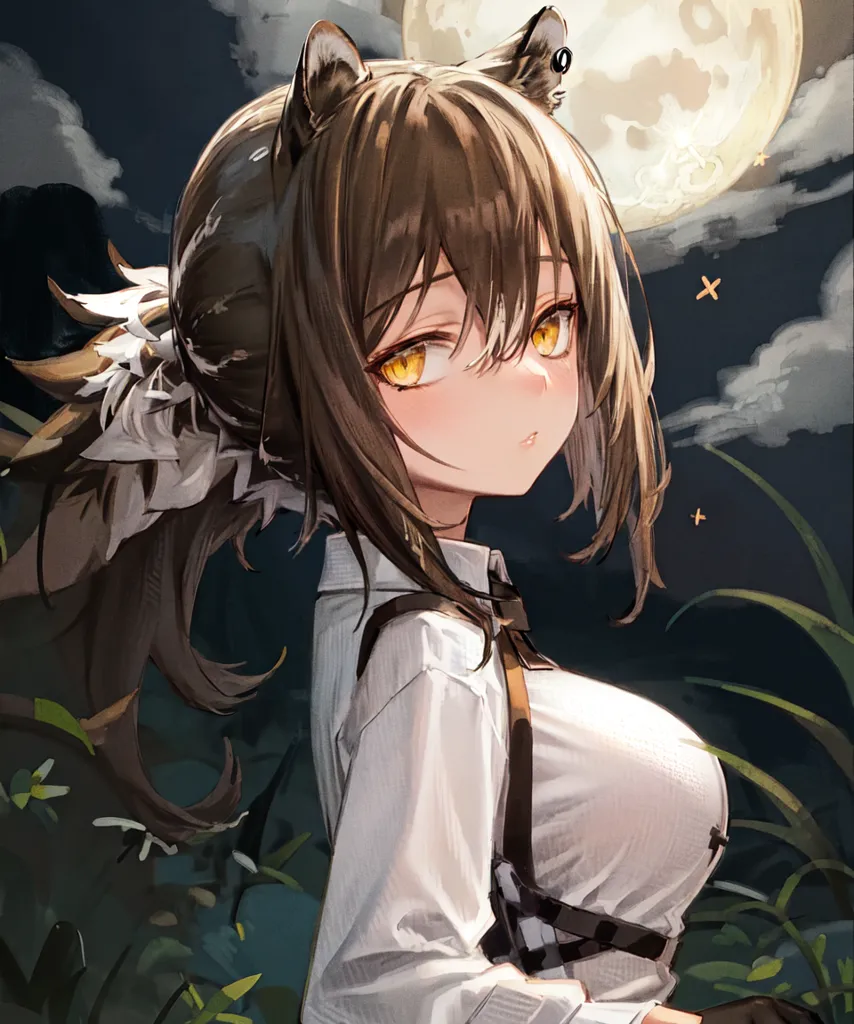 L'image représente une fille de style anime aux cheveux bruns et aux yeux jaunes. Elle porte une chemise blanche et a une queue et des oreilles brunes. Elle se tient dans un champ d'herbe avec une pleine lune en arrière-plan. L'image est dessinée dans un style réaliste et la fille est très détaillée. Elle a une expression douce sur le visage et regarde vers la droite du cadre.