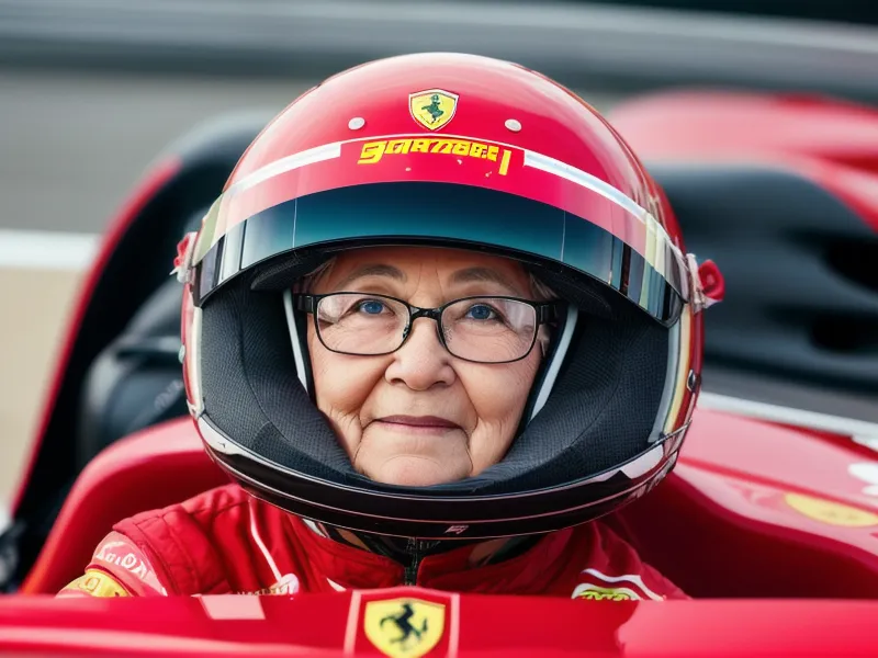 Uma mulher idosa está sentada em um carro de corrida vermelho. Ela está usando um capacete vermelho com uma faixa branca no meio e uma viseira branca. Ela também está usando óculos. A mulher tem um olhar determinado no rosto. Ela está segurando o volante com as duas mãos. O fundo está desfocado.