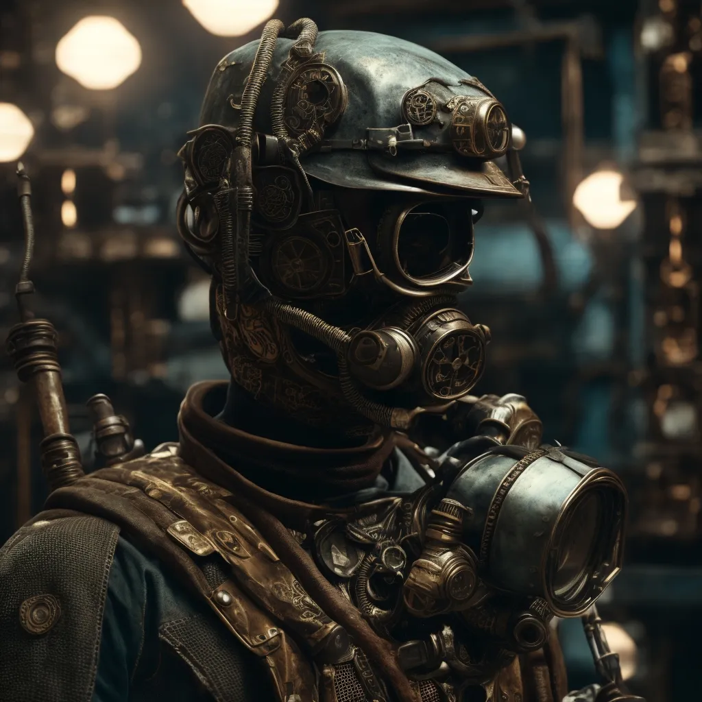 The image is a portrait of a steampunk character. He is wearing a steampunk helmet with a built-in gas mask and goggles. He is also wearing a leather jacket and a bandolier. He has a large steampunk backpack on his back and is holding a steampunk gun. He is standing in a dark room with a spotlight shining on him.