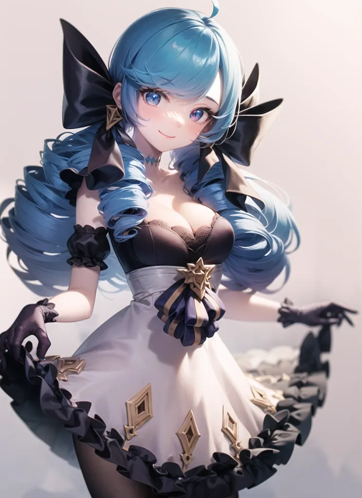 The image is an anime-style drawing of a young woman with long, light blue hair and blue eyes. She is wearing a white and black dress with a sweetheart neckline and a black bow in her hair. She is also wearing black gloves and there is a slight blush on her cheeks. She has a gentle smile on her face and is looking at the viewer. The background is a light gray.