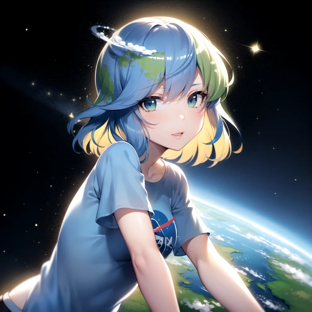 A imagem é um desenho em estilo anime de uma jovem mulher com cabelos azuis longos e olhos verdes. Ela está usando uma camisa azul com um colarinho branco e o logotipo da NASA na manga. A mulher está em pé diante de um planeta azul e verde, que provavelmente é a Terra. Ela tem um halo feito de nuvens e estrelas em torno da cabeça. O fundo é azul escuro e há muitas estrelas no céu. A mulher tem um sorriso suave no rosto.