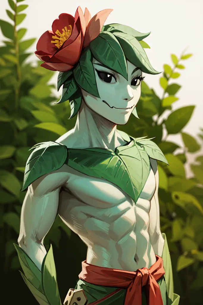 This image shows a male plant person with green skin and leaves growing out of his head, arms, and legs. He is wearing a red sash around his waist and has a red flower growing out of his head. He has a sly expression on his face and is standing in a forest setting.