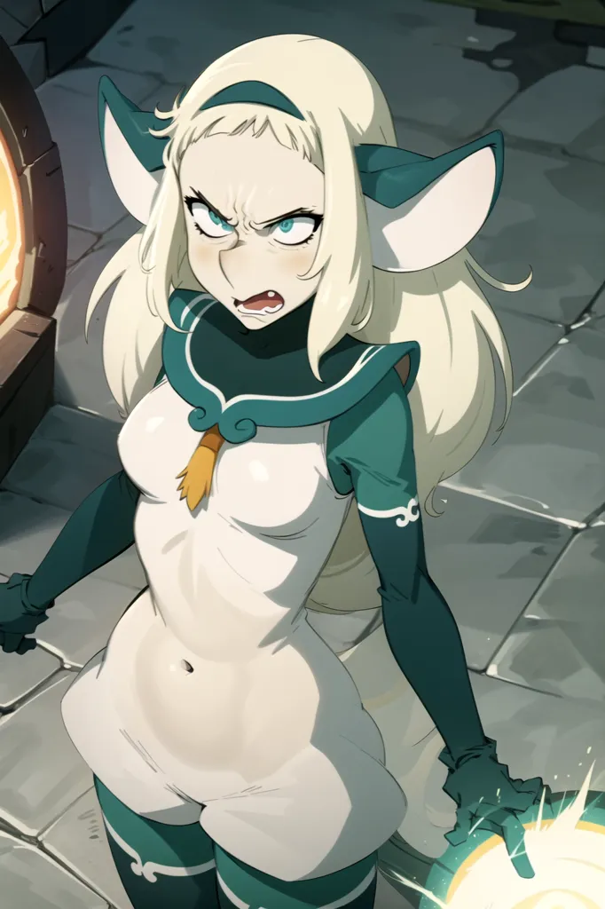 The image is of a young woman with long blonde hair and green eyes. She is wearing a white and green bodysuit with a yellow gem on her chest. She has cat ears and a tail, and she is standing in a fighting stance. She is surrounded by a green energy aura, and she has a determined expression on her face.