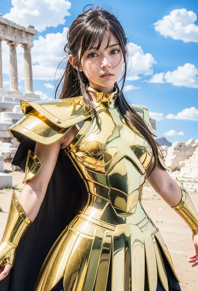 L'image montre une jeune femme debout devant un temple en ruines. Elle porte une armure dorée et a de longs cheveux bruns. L'expression de la femme est sérieuse et déterminée.