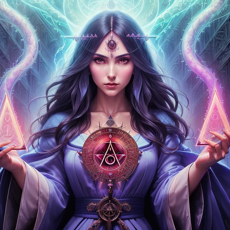 This image shows a woman with long purple hair wearing a purple dress with a white collar. She has a golden necklace with a symbol on it. She is holding two pink triangles in her hands. She has a serious look on her face. There is a bright light in the background.