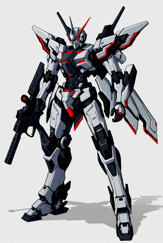 La imagen es un mech negro, blanco y rojo. Tiene un arma grande en su mano derecha. Tiene dos alas grandes en su espalda y parece estar listo para volar.