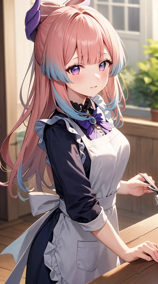 The image is of a young woman with pink and blue hair. She is wearing a black and white maid outfit with a purple bow in her hair. She is standing in a kitchen, and there is a plate on the counter next to her. She is looking at the plate with a thoughtful expression on her face.