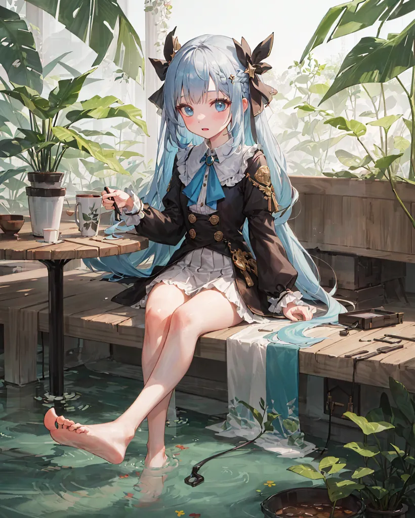 Cette image montre une fille de style anime aux longs cheveux bleus et aux yeux bleus. Elle est assise sur un banc dans ce qui semble être une serre. La fille porte une robe noire et blanche avec un col blanc. Elle porte également des bas noirs et des chaussures marron. La fille est assise avec les pieds dans une flaque d'eau. Il y a des plantes tout autour d'elle. La fille tient une tasse de thé dans sa main droite. Elle regarde la tasse avec une expression pensive sur le visage.