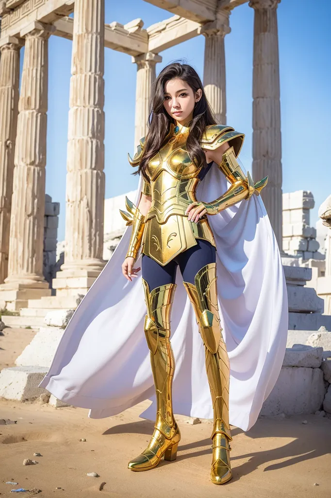 The image shows a young woman standing in front of a ruined temple. She is wearing a golden armor and a white cape. She has long brown hair and blue eyes. She is looking at the camera with a serious expression.