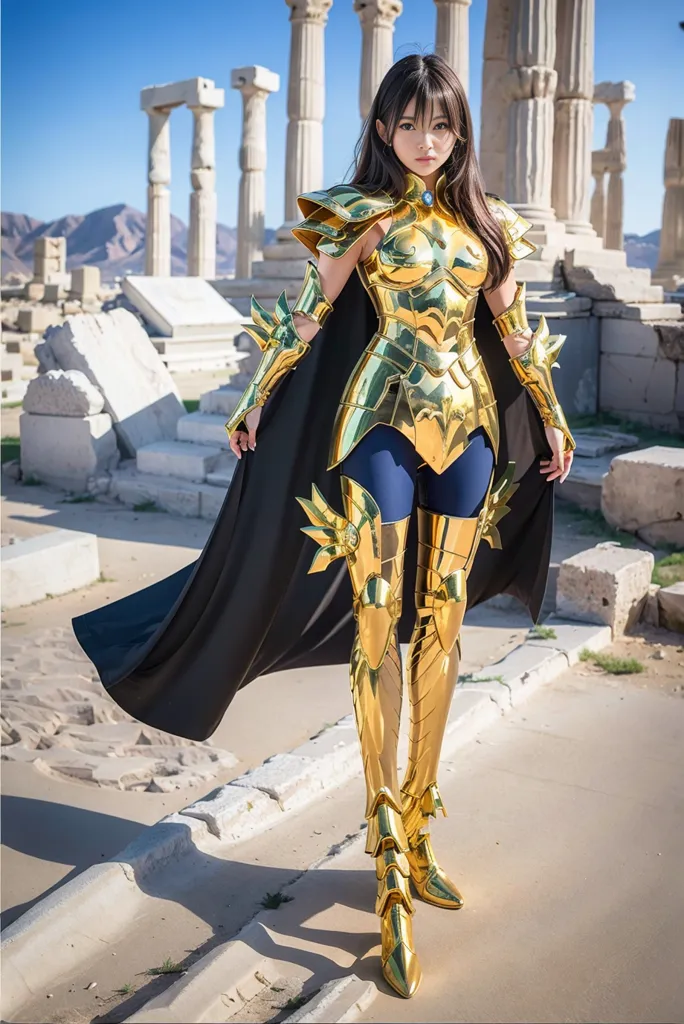 The image shows a young woman standing in a ruined city. She is wearing a golden armor and a black cape. The woman has long brown hair and blue eyes. She is standing in a confident pose, with her feet shoulder-width apart and her hands on her hips. The background of the image is a ruined city, with large columns and broken buildings. The sky is blue and there are some clouds in the distance.