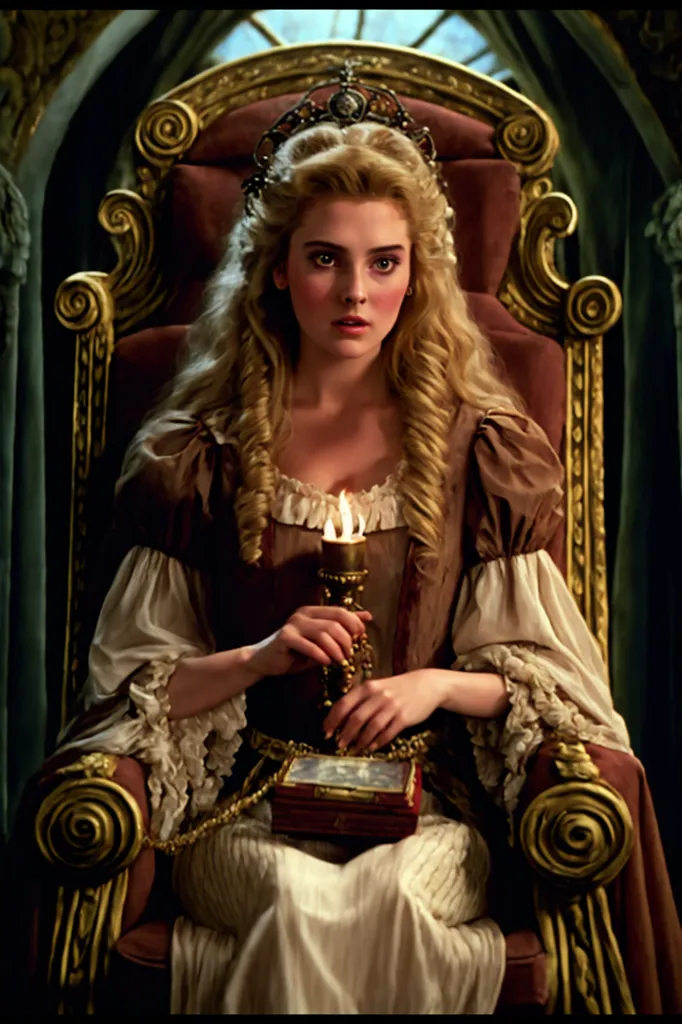 The image shows a young woman sitting on a throne. She is wearing a brown and white dress with a white camisole underneath. She has long blond hair and is wearing a gold crown. She is holding a lit candle in her right hand and a small, ornate box in her left hand. She is looking at the candle with a curious expression on her face. She is sitting in a high-backed, red velvet chair with ornate gold decorations. There is a green curtain behind her.