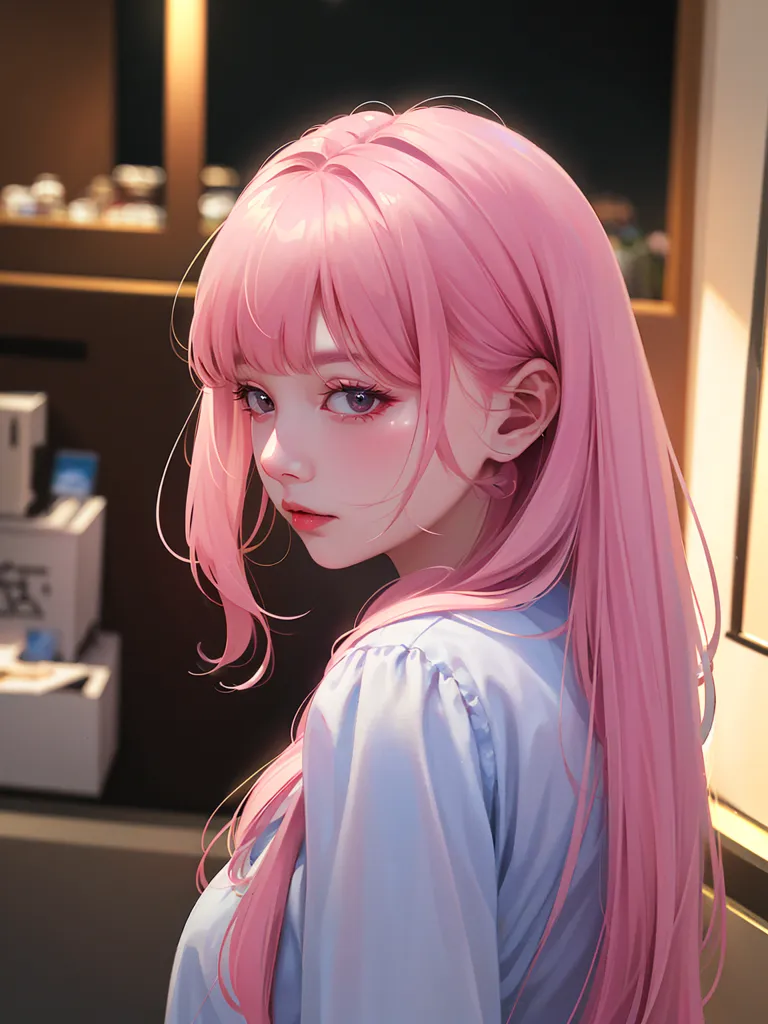 The image is a painting of a young woman with pink hair. She is wearing a white shirt and has a pink blush on her cheeks. Her eyes are slightly open and she is looking at the viewer with a soft expression. The background is blurry and consists of warm colors. The painting is done in a realistic style and the artist has paid close attention to detail.