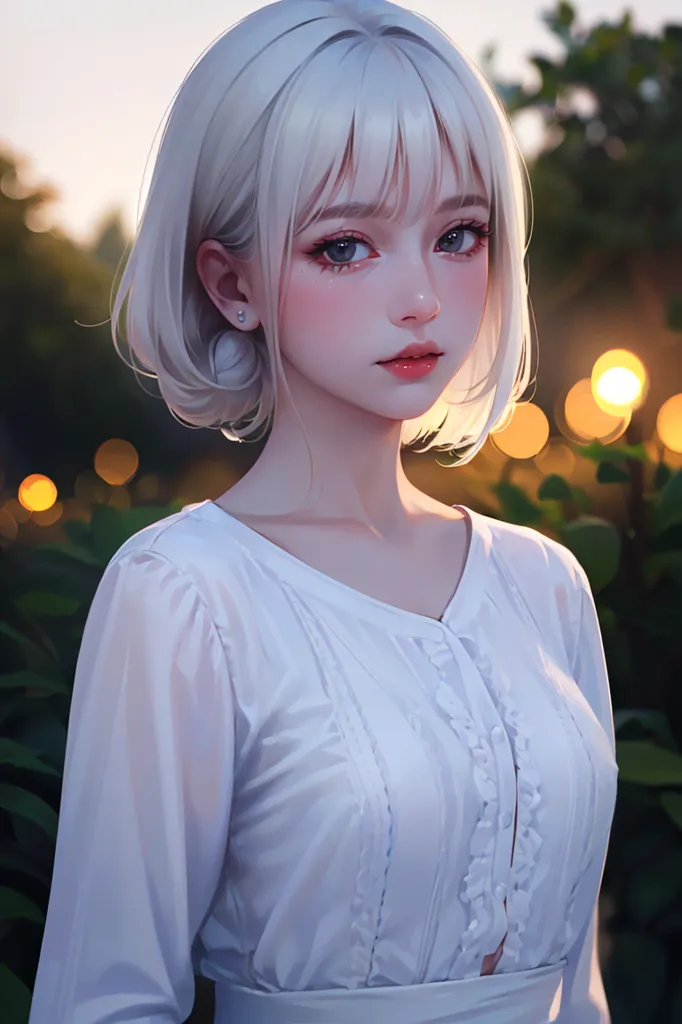 The image is a digital painting of a young woman with short white hair and gray eyes. She is wearing a white blouse with a ruched collar. The background is blurry and consists of out of focus foliage and small, round lights. The woman's expression is soft and pensive.