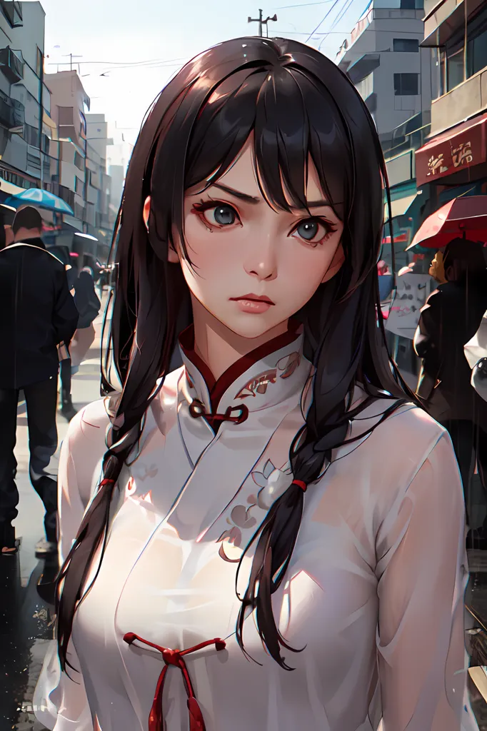 The picture shows a young woman with long black hair and brown eyes. She is wearing a white cheongsam with red and pink floral embroidery. The cheongsam is fastened with red buttons. The woman is standing in a street with blurred people walking in the background. There are also some red umbrellas. The woman has a neutral expression on her face.