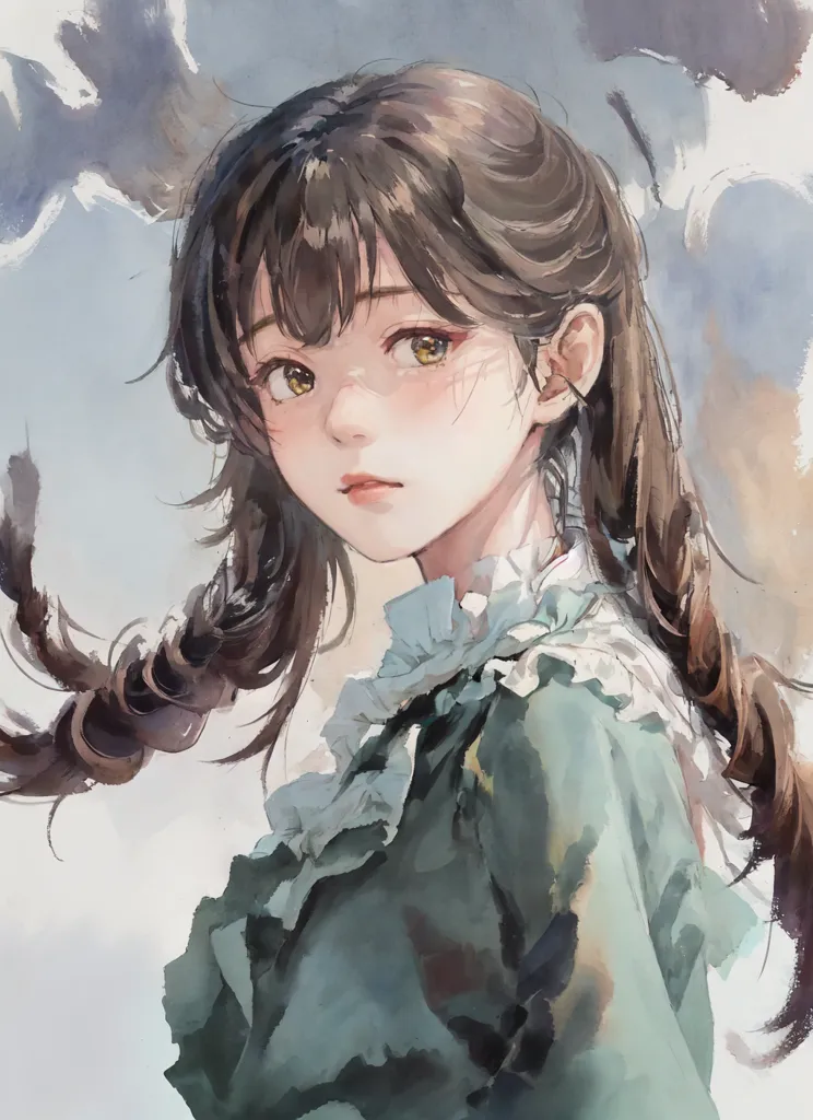 The image is a painting of a young woman with long brown hair and yellow eyes. She is wearing a green dress with a white collar. The background is a light blue sky with white clouds. The painting is done in a realistic style and the artist has used muted colors to create a soft and gentle effect. The woman's expression is one of sadness or resignation.