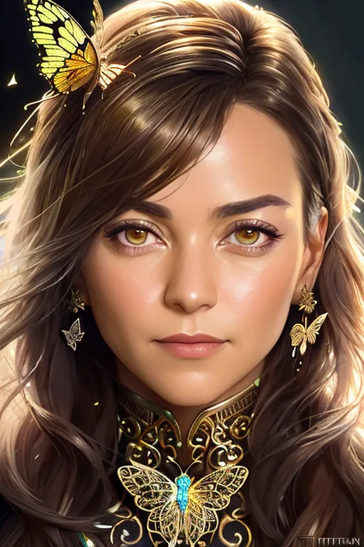 The image shows a beautiful young woman with long, wavy brown hair. She has light golden skin and her eyes are a light brown color. She is wearing a gold butterfly necklace and there are butterflies in her hair. She is wearing a black and gold dress with a high collar. The background is a dark brown.