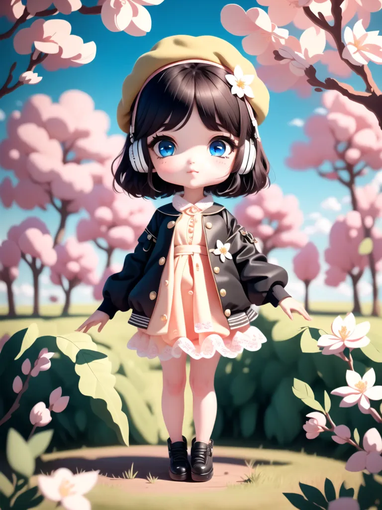 The image shows a chibi girl with short brown hair and blue eyes. She is wearing a yellow beret, a pink dress, and a black jacket. She is also wearing headphones. She is standing in a field of pink flowers. The background is a blue sky with white clouds. The image is drawn in a realistic style.