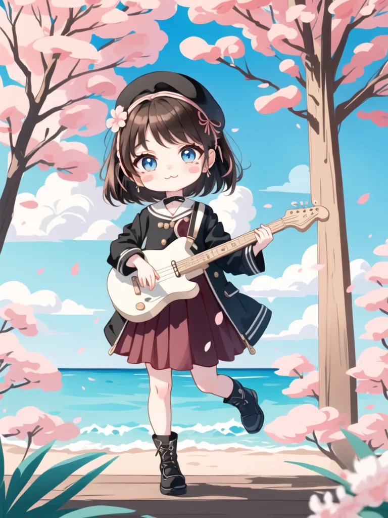 The image shows a young girl with brown hair and blue eyes. She is wearing a black beret, a white blouse, a red skirt, and black boots. She is playing a white electric guitar. She is standing on a beach with the ocean behind her. There are pink cherry blossoms on the trees.